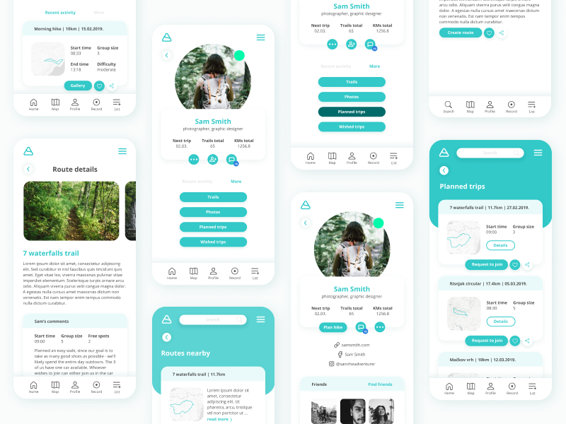screenshots of a hiking and photography app UI design
